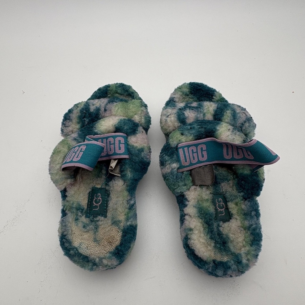 UGG Slippers Womens 6 Multicolor Tie Dye Shearling Slide Fuzzy Wool Logo